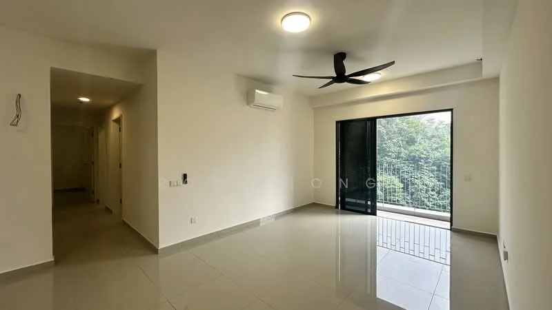 Living features: white painted walls, polished ceramic tile flooring, 5-blade ceiling fan with light, floor-to-ceiling sliding glass door, blackout curtains, wall-mounted split AC, recessed downlights, balcony access, view of greenery; style: modern; view: garden. Room features: white painted walls, polished ceramic tile flooring, doorway leading to hallway.
