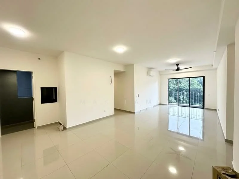 Living features: white painted walls, glossy ceramic tile flooring, 5-blade ceiling fan, floor-to-ceiling windows, sliding glass door, natural light from windows, air conditioning unit, open layout; style: modern; view: garden.