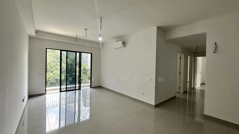 Living features: white painted walls, glossy ceramic tile flooring, floor-to-ceiling windows, sliding glass door, recessed downlights, 1 wall-mounted split AC, open layout, access to balcony, natural light from windows, neutral color scheme; style: modern; view: garden. Room features: white painted walls, glossy ceramic tile flooring, doorway leading to hallway, neutral color scheme.