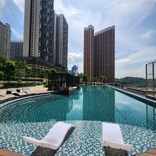 Exterior type: high-rise condominium; features: infinity pool, pool deck with loungers, surrounded by landscaped greenery, modern architecture, tall residential buildings in background, city skyline view, mosaic tile pool, outdoor seating area; style: modern.