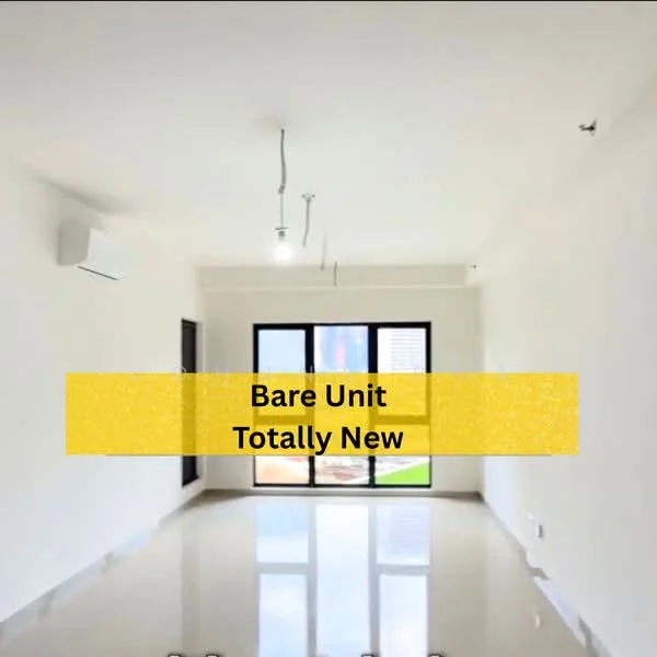 Room features: white painted walls, polished concrete flooring, 1 wall-mounted split AC, large sliding glass door, natural light from windows, ceiling lights, no visible furniture or decor; style: modern; view: garden.