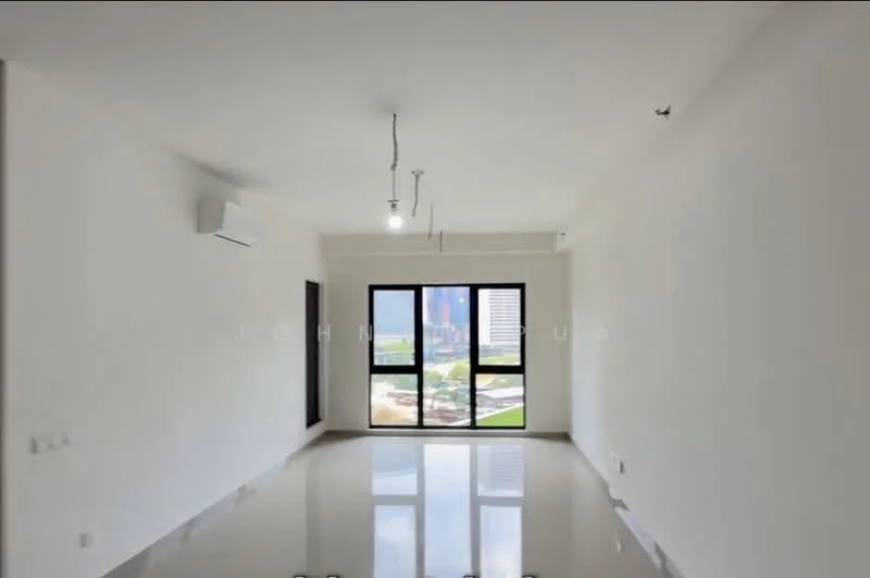 Room features: white painted walls, polished tile flooring, floor-to-ceiling windows, 1 wall-mounted split AC, recessed downlights, ceiling with exposed wiring; style: modern; view: garden.
