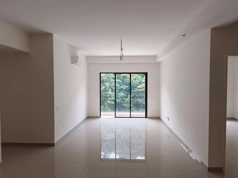 Living features: white painted walls, glossy ceramic tile flooring, 5-blade ceiling fan, sliding glass door, floor-to-ceiling windows, natural light from large window, balcony access, neutral color scheme; style: modern; view: garden.
