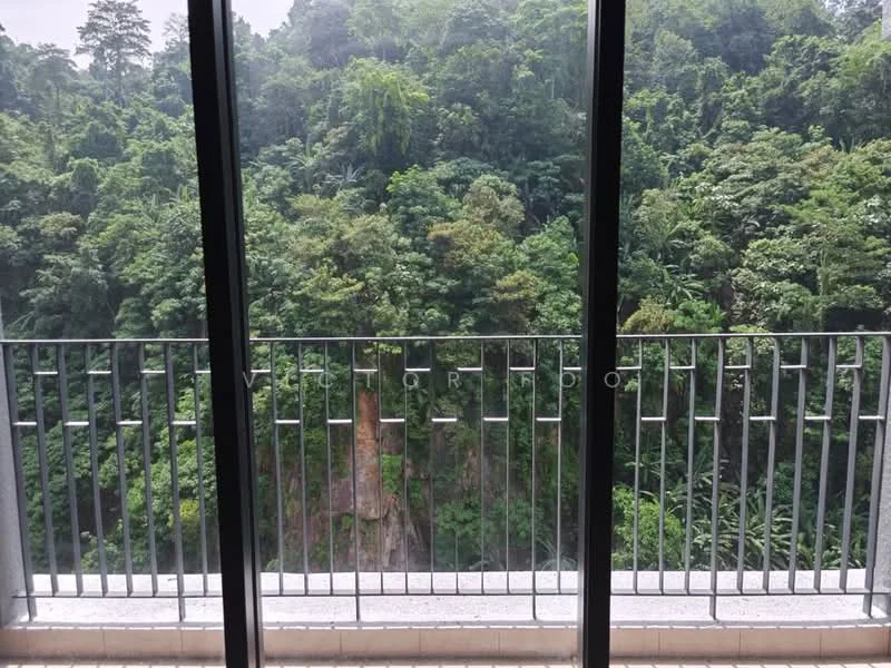 Room features: floor-to-ceiling windows, balcony with railing, view of dense greenery; view: garden.