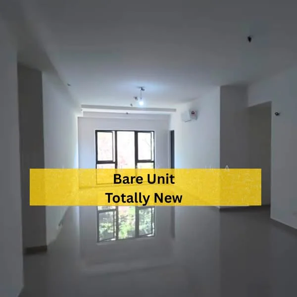 Room features: white painted walls, polished concrete flooring, recessed downlights, large windows, no visible furniture, neutral color scheme, open layout, air conditioning unit; style: modern; view: garden.