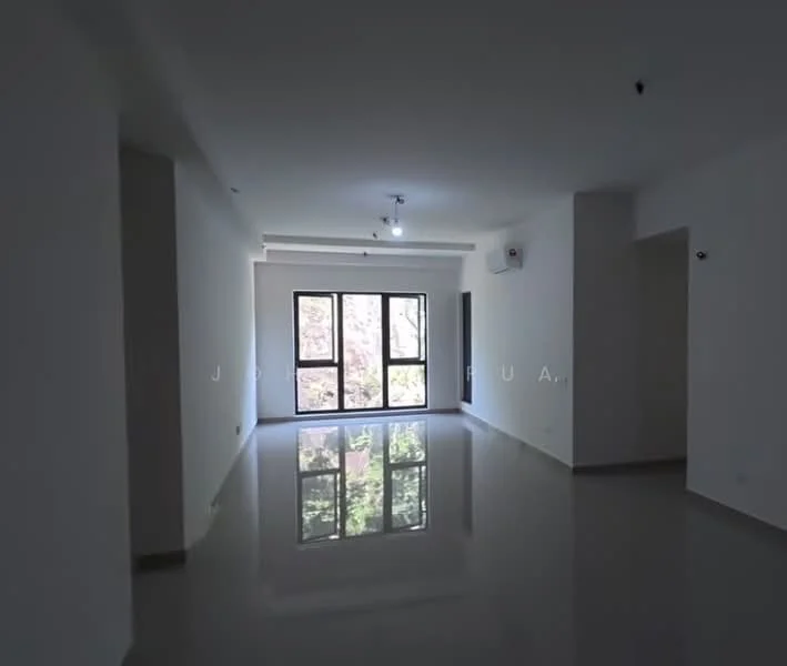 Living features: white painted walls, polished ceramic tile flooring, recessed downlights, 1 wall-mounted split AC, floor-to-ceiling windows, sliding glass door, natural light from windows, open layout; style: modern; view: garden.