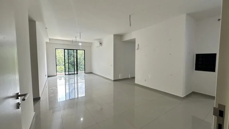 Living features: white painted walls, glossy ceramic tile flooring, floor-to-ceiling windows, sliding glass door, recessed downlights, 1 ceiling fan, open layout, natural light from windows; style: modern; view: garden.