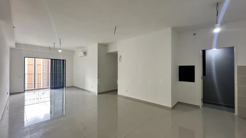 Living features: white painted walls, polished ceramic tile flooring, recessed downlights, 1 wall-mounted split AC, floor-to-ceiling windows, sliding glass door, blackout curtains, door leading to hallway, door leading to balcony; style: modern.
