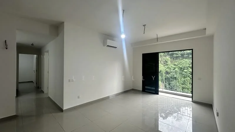 Living features: white painted walls, grey tile flooring, sliding glass door, floor-to-ceiling windows, 1 wall-mounted split AC, recessed downlights, natural light from large window, view of greenery; style: modern; view: garden. Room features: white painted walls, grey tile flooring, doorway leading to hallway.