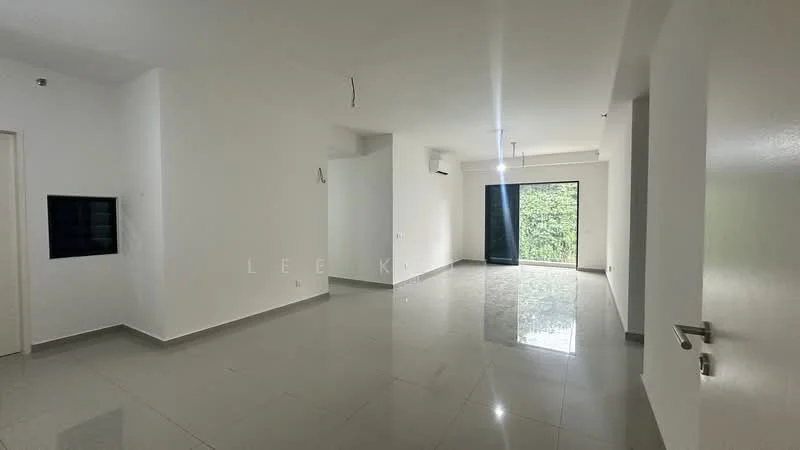 Room features: white painted walls, grey tiled flooring, sliding glass door, floor-to-ceiling windows, recessed downlights, ceiling fan, air conditioning unit, open layout; style: modern; view: garden.