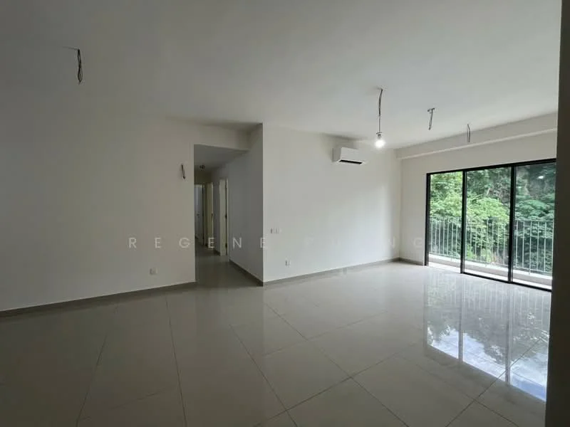 Living features: white painted walls, glossy tile flooring, sliding glass door, floor-to-ceiling windows, 1 wall-mounted split AC, recessed LED downlights, natural light from windows, balcony view, open layout; style: modern; view: garden.