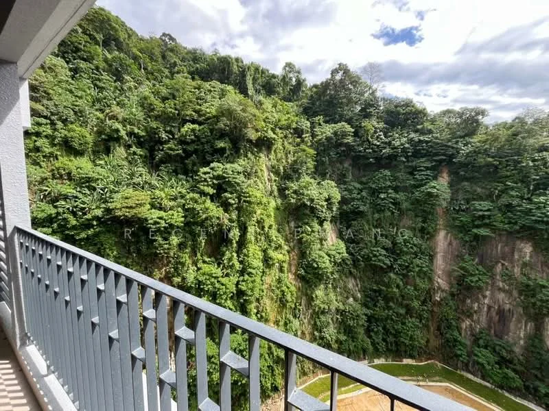 Room features: balcony with railing, view of lush greenery, surrounding hills, cloudy sky, natural landscape; view: garden.
