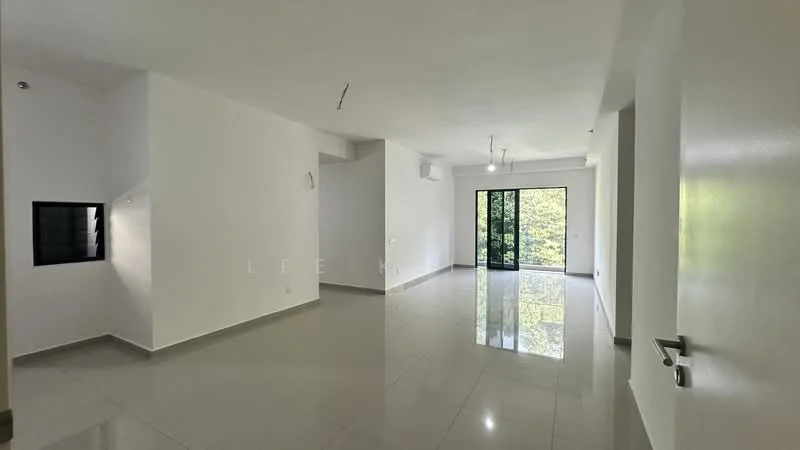 Room features: white painted walls, glossy ceramic tile flooring, recessed downlights, floor-to-ceiling sliding glass door, window with black frame, 1 wall-mounted split AC, open layout, natural light from large windows; style: modern; view: garden.