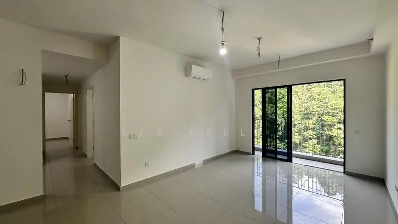 Living features: white painted walls, polished ceramic tile flooring, 5-blade ceiling fan, wall-mounted split AC, floor-to-ceiling windows, sliding glass door, natural light from large window, view of greenery; style: modern; view: garden. Room features: white painted walls, polished ceramic tile flooring, doorway leading to hallway.