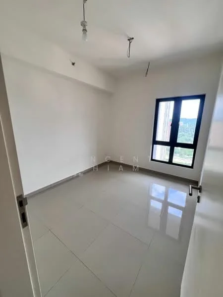 Room features: white painted walls, glossy ceramic tile flooring, single window with black frame, mounting points for ceiling lights, no visible furniture or decor; style: modern; view: mountain.