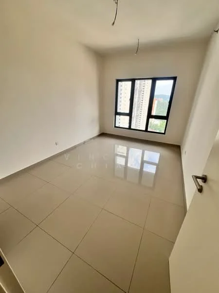 Room features: white painted walls, glossy ceramic tile flooring, floor-to-ceiling windows, city view, two light fixtures on ceiling, single door, no visible furniture or decor; style: modern; view: city.