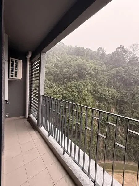 Balcony features: metal railing, grey painted walls, floor tiles, wall-mounted air conditioning unit, covered ceiling, view of greenery; view: garden.