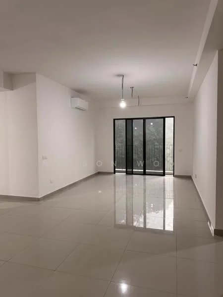 Living features: white painted walls, glossy ceramic tile flooring, 1 wall-mounted split AC, recessed downlights, large sliding glass door, floor-to-ceiling windows, neutral color scheme, open layout; style: modern; view: garden.