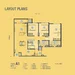 Floor plan: 3-bedroom 2-bathroom unit; features: open-plan kitchen-dining-living, master bedroom with ensuite bathroom, bedroom 2 with shared bathroom, utility room, balcony off living room, central foyer, 1 car porch, 1,200 sqft built-up.