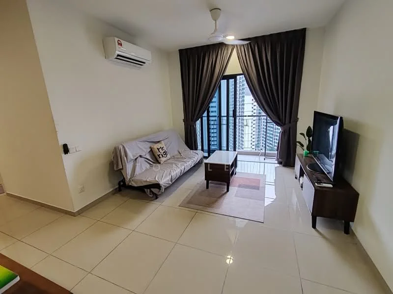 Living features: 3-seater fabric sofa in grey, coffee table, wall-mounted TV, TV console, floor-to-ceiling windows, sheer curtains, 5-blade ceiling fan with light, white painted walls, glossy tile flooring, decorative plant in pot, area rug with geometric pattern; style: modern; view: city.