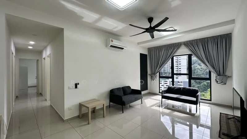 Living features: white painted walls, glossy ceramic tile flooring, 5-blade ceiling fan with light, floor-to-ceiling windows, grey curtains, black fabric sofa, light wood coffee table, wall-mounted TV, air conditioning unit, decorative wall panel, view of greenery; style: modern; view: garden. Hallway features: white painted walls, glossy ceramic tile flooring, recessed lighting; style: modern.
