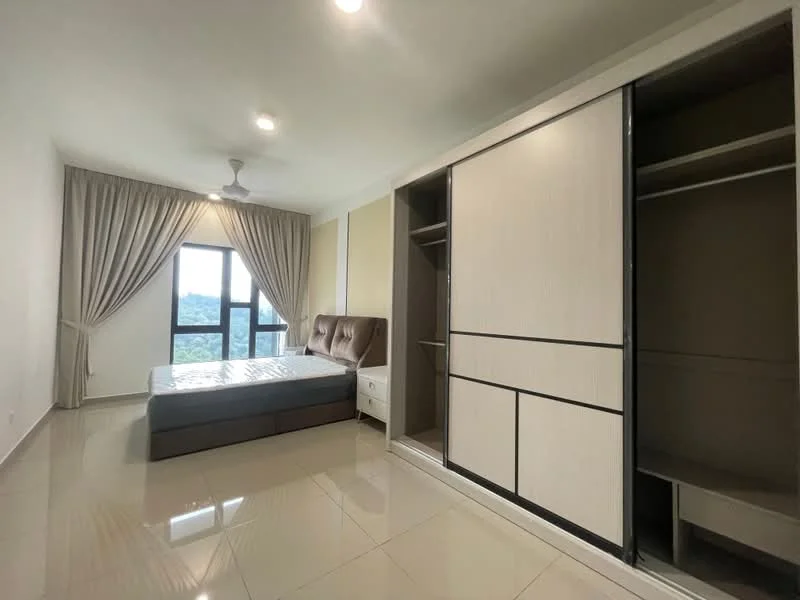 Bedroom features: queen-size bed, upholstered headboard, built-in wardrobe with sliding doors, cream painted walls, white ceiling, recessed downlights, floor-to-ceiling windows, curtains, glossy tile flooring, nightstand, decorative wall paneling; style: modern; view: garden.