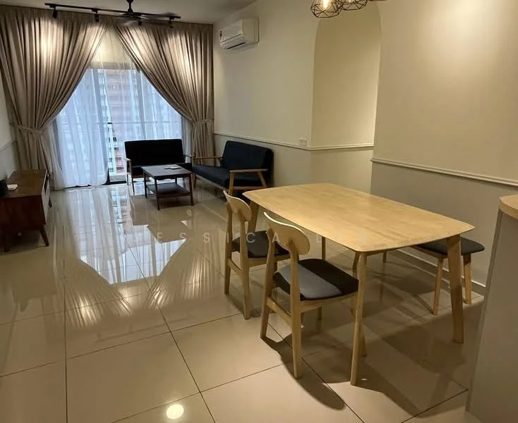 Living features: cream painted walls, glossy tile flooring, 5-blade ceiling fan with light, floor-to-ceiling windows, sheer curtains, sofa with two seats in navy blue, wooden coffee table, wooden sideboard, dining table with light wood finish, four wooden dining chairs, air conditioning unit; style: modern.