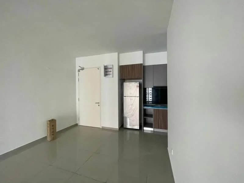 Room features: white painted walls, grey tiled flooring, single door, built-in kitchen cabinetry, refrigerator, countertop, kitchen sink, wall-mounted kitchen cabinets; style: modern.