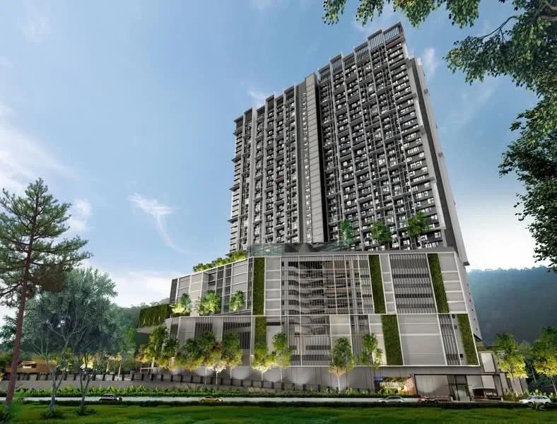 Exterior type: high-rise condominium; features: glass curtain wall, greenery on balconies, manicured landscaping, multiple levels of parking, terraced garden areas, surrounded by trees, modern architectural design, outdoor seating areas, large windows, projecting balconies; style: modern.