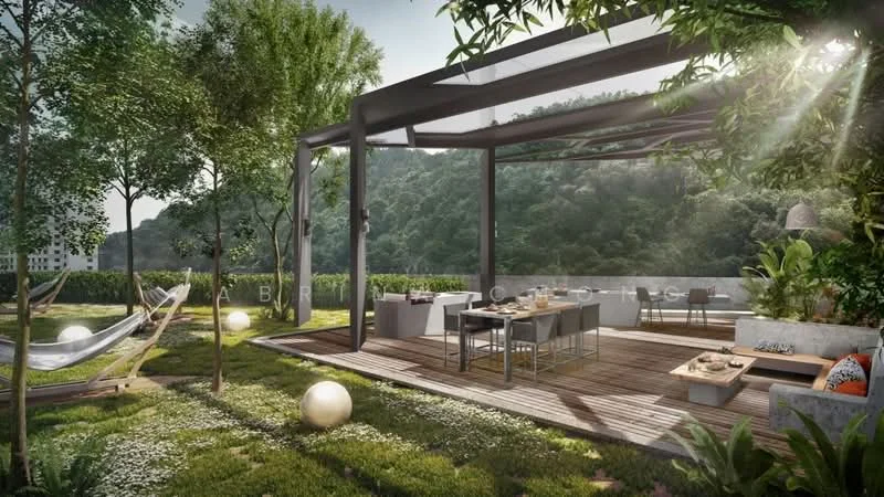 Exterior type: landscape garden; features: outdoor dining area with table and chairs, lounge seating area with cushions, hammock between trees, manicured lawn, mature trees, decorative garden lights, stone-paved walkway, surrounding greenery, mountain view in background; style: modern.