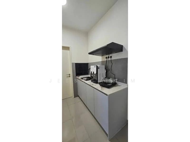 Kitchen features: grey cabinetry, white countertop, black backsplash, built-in coffee machine, stainless-steel sink, chrome faucet, wall-mounted range hood, tile flooring, recessed lighting; style: modern.