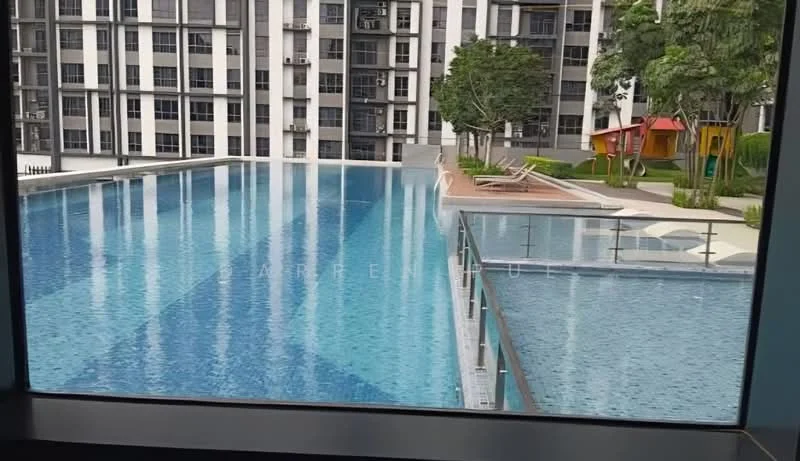 Exterior type: high-rise condominium; features: infinity pool, lap pool, pool deck with loungers, children's playground, manicured landscaping, surrounded by greenery; style: modern.