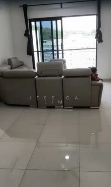 Living features: 3-seater leather sofa in light grey, floor-to-ceiling windows, sliding glass door, white walls, glossy tile flooring, curtains, city view, decorative wall, coffee table; style: modern; view: city.