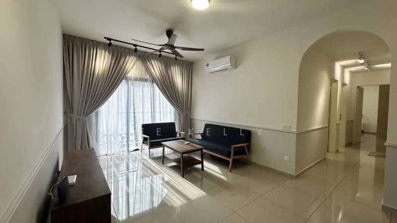 Living features: 2-seater fabric sofa in black, 2-seater fabric sofa in black, wooden coffee table, floor-to-ceiling windows, sheer curtains, recessed downlights, 5-blade ceiling fan with light, wall-mounted split AC, glossy ceramic tile flooring, white painted walls, crown moulding; style: modern.