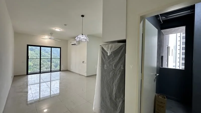 Living features: large floor-to-ceiling windows, sliding glass door, white painted walls, polished ceramic tile flooring, 5-blade ceiling fan with light, recessed downlights, air conditioning unit, balcony view, decorative light fixture; style: modern; view: garden. Room features: white painted walls, door leading to outdoor space.