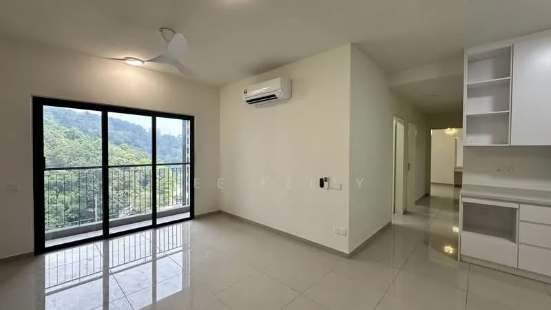 Living features: floor-to-ceiling windows, sliding glass door, white painted walls, polished tile flooring, 5-blade ceiling fan with light, wall-mounted split AC, balcony view of greenery, recessed downlights, open layout to kitchen, built-in cabinetry, neutral color palette; style: modern; view: garden.