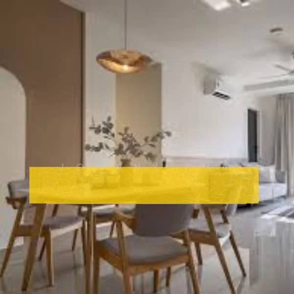 Dining features: wooden dining table, 4 upholstered dining chairs, pendant light fixture, wall-mounted air conditioning unit, cream painted walls, grey flooring, decorative plant in vase, large window with sheer curtains; style: modern. Living features: sofa, coffee table, TV console, wall-mounted TV, area rug, floor-to-ceiling windows, curtains; style: modern.