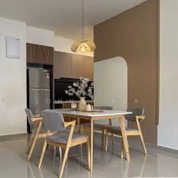 Dining features: dining table with light wood finish, 4 upholstered dining chairs in grey, pendant light fixture with woven design, brown accent wall, white walls, ceramic tile flooring, refrigerator in stainless steel, kitchen cabinetry in dark wood, open layout to kitchen; style: modern.
