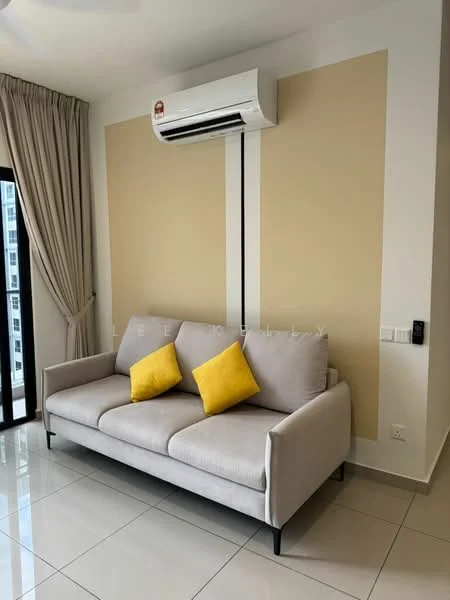 Living features: 3-seater fabric sofa in light grey, yellow decorative cushions, wall-mounted split AC, cream painted walls, light-coloured curtains, glossy tile flooring, floor-to-ceiling windows, black window frame; style: modern.