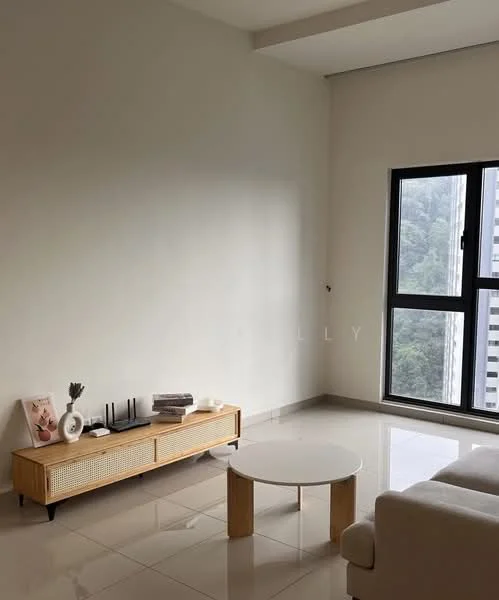Living features: white painted walls, glossy tile flooring, floor-to-ceiling window, black window frame, light-colored sofa, wooden coffee table, wooden TV console, decorative vase, books on console, minimalist decor; style: modern; view: mountain.