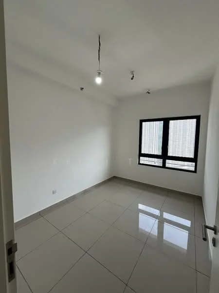 Room features: white painted walls, glossy ceramic tile flooring, 2 ceiling lights, 2 large windows with black frames, no visible furniture, neutral color scheme; style: modern.