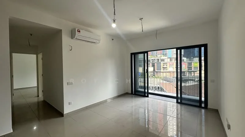 Living features: white painted walls, polished ceramic tile flooring, 5-blade ceiling fan, wall-mounted split AC, floor-to-ceiling windows, sliding glass door, balcony access, natural light from windows; style: modern; view: city. Room features: white painted walls, polished ceramic tile flooring, natural light from windows.