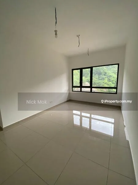 Room features: white painted walls, glossy ceramic tile flooring, large floor-to-ceiling windows, unfurnished space, no visible ceiling fixtures, natural light from windows, view of greenery outside; style: modern; view: garden.