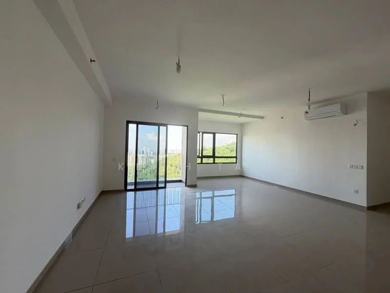 Living features: white painted walls, polished ceramic tile flooring, floor-to-ceiling windows, sliding glass door, 1 wall-mounted split AC, natural light from windows, open layout, view of greenery; style: modern; view: garden.