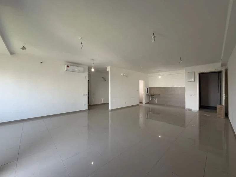 Room features: white painted walls, polished ceramic tile flooring, recessed downlights, 1 wall-mounted split AC, open layout, kitchen area visible in background, multiple electrical outlets, no visible furniture or decor; style: modern.