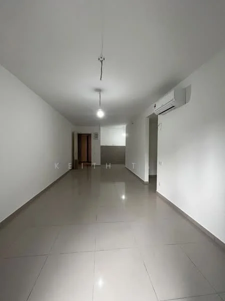 Room features: white painted walls, polished ceramic tile flooring, 1 wall-mounted split AC, recessed downlights, single pendant light, doorway leading to another room, neutral color scheme, open layout; style: modern.