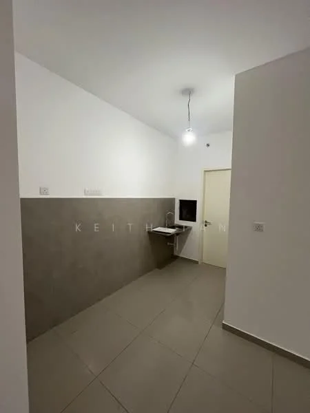 Room features: white painted walls, grey tiled wall, grey floor tiles, single ceiling light, wall-mounted shelf, door, window, unknown wall-mounted unit.