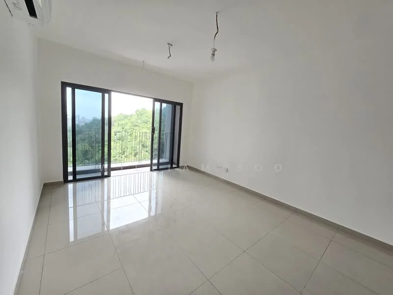 Room features: white painted walls, floor-to-ceiling windows, sliding glass door, grey ceramic tile flooring, 2 ceiling light fixtures, balcony view, air conditioning unit; style: modern; view: garden.