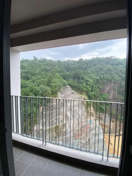 Balcony features: metal railing, tiled flooring, view of rocky landscape, surrounded by greenery, overhang from ceiling, access from interior room; view: mountain.