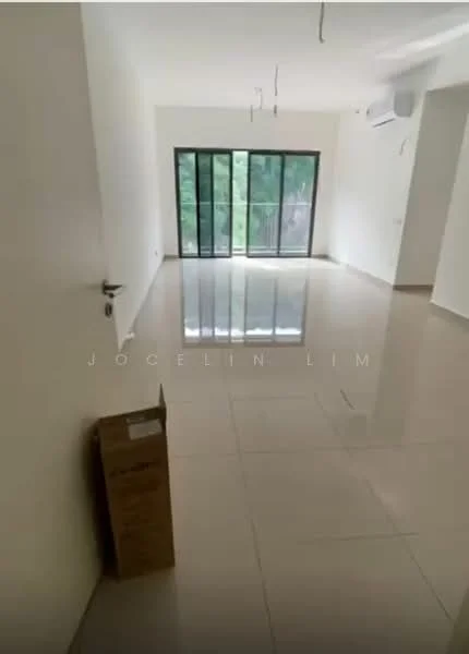 Living features: large floor-to-ceiling windows, sliding glass door, cream painted walls, polished ceramic tile flooring, recessed downlights, 1 wall-mounted split AC, open layout, balcony access, neutral color scheme, no visible furniture, unobstructed view, high ceiling; style: modern; view: garden.